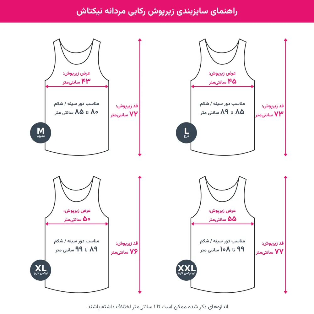 جدول سایزبندی زیرپوش رکابی مردانه